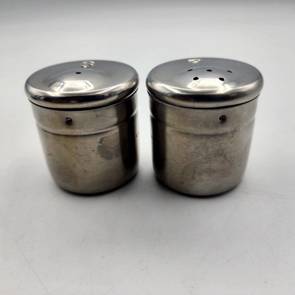 Vintage Sharper Image Metal Tin Salt & Pepper Shaker Set Stainless Steel 2.25 in